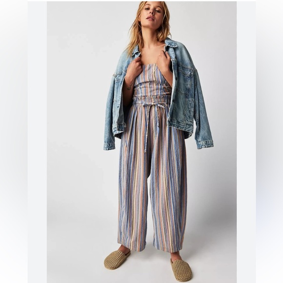 Free People Pants - Free People Roaming Shores Striped Strapless Jumpsuit Size L